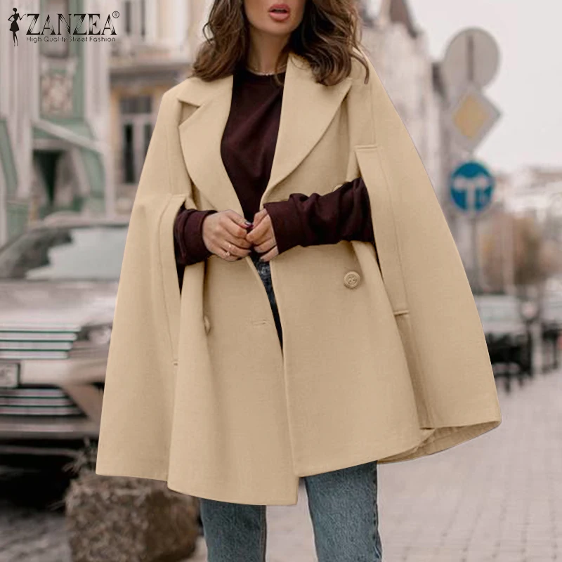 

2021 Autumn Winter Warm Capes ZANZEA Women Woolen Poncho Fashion Lady OL Double Breasted Jackets Casual Open Front Elegant Coats