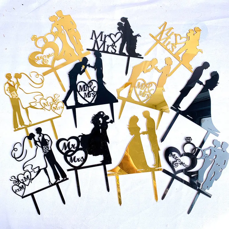 

Ins Mrs & Mrs Wedding Cake Topper Golden Black Bride and Groom Acrylic Cake Toppers Wedding Party Cake Gift Dessert Decorations
