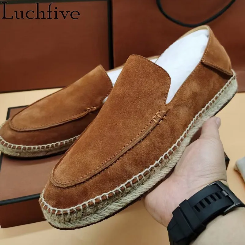 

Autumn Men Casual Business Loafers Straw Braid flat Shoes For Men Brand Shoes Real Suede Leather Slip On Driving Walk Shoes Man