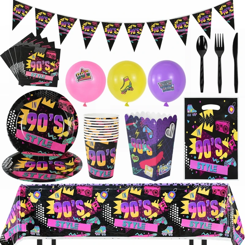 

90's Party Decoration Back To 90s Hip Hop Party Disposable Tableware Paper Plates Cup Napkin Birthday Disco Theme Decor Supplies