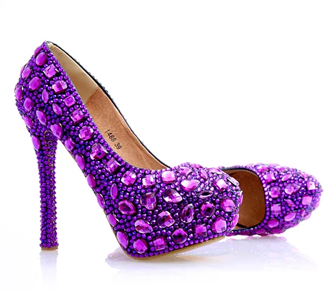 

2020 Green Rose Crystal Rhinestone Platform Purple 8cm Heel Bridal Shoes US Size 8.5 Sexy Women Wedding Shoes