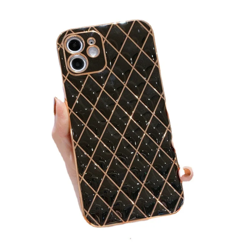 

Luxury electroplating lambskin mobile phone cover diamond grid fpr iphone11promax straight edge silicone soft fine for iPhone 12