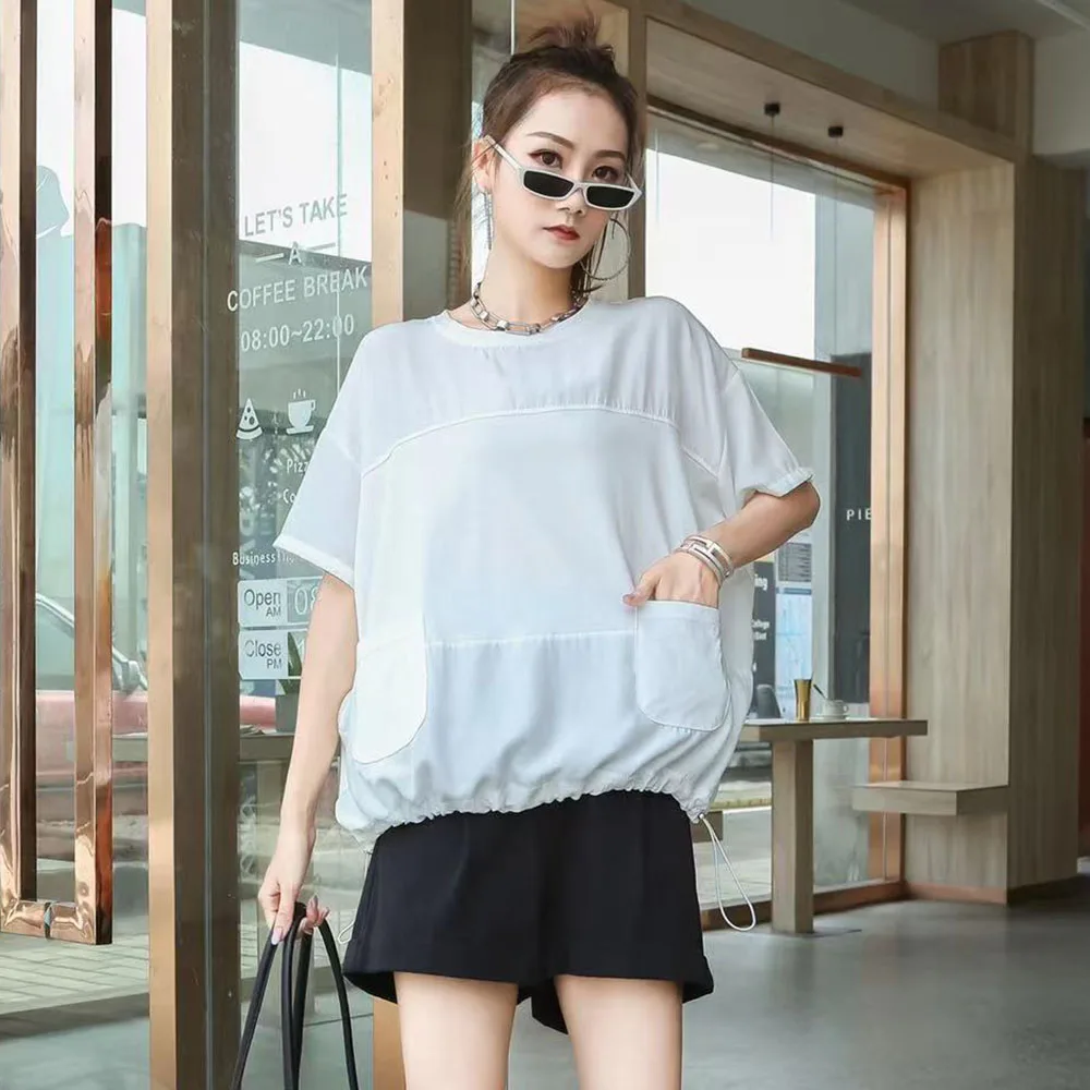 

2021 Summer New Fashion Women's Loose Casual Solid Color Simplicity Round Neck Summer T-Shirt Pocket Drawstring Japanese Style