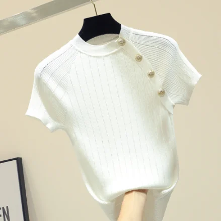 white short sleeve MUMUZI, вязанная футболка с коротким рукавом, женская летняя новинка, тонкая белая футболка, Топы, camisetas verano mujer,, футболка для женщин - Цвет: white short sleeve