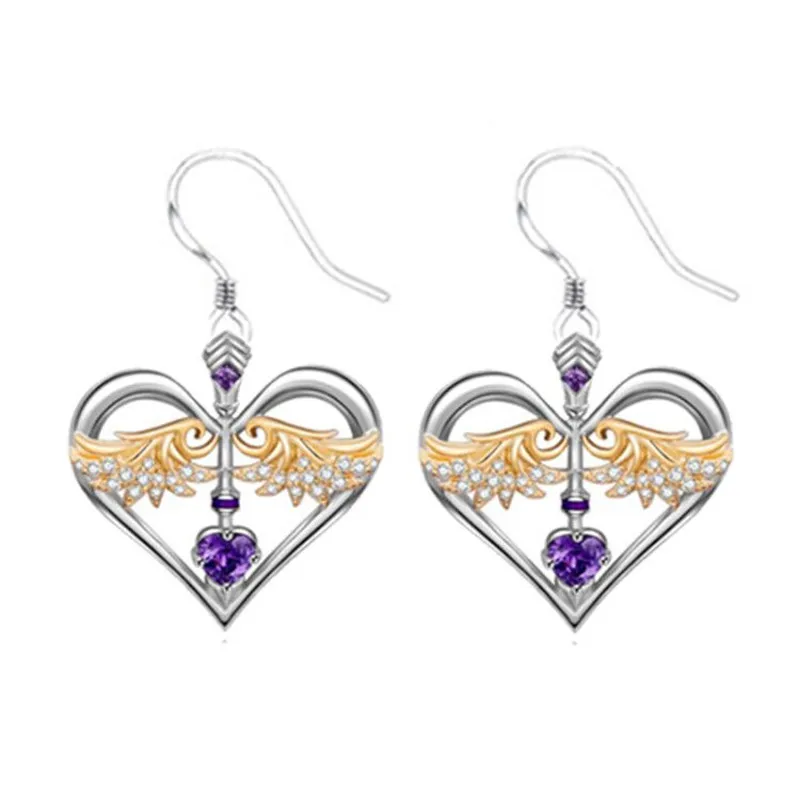 

New fashion exquisite heart-shaped wings purple zircon earrings female romantic charm party accessories jewelry gifts wholesale