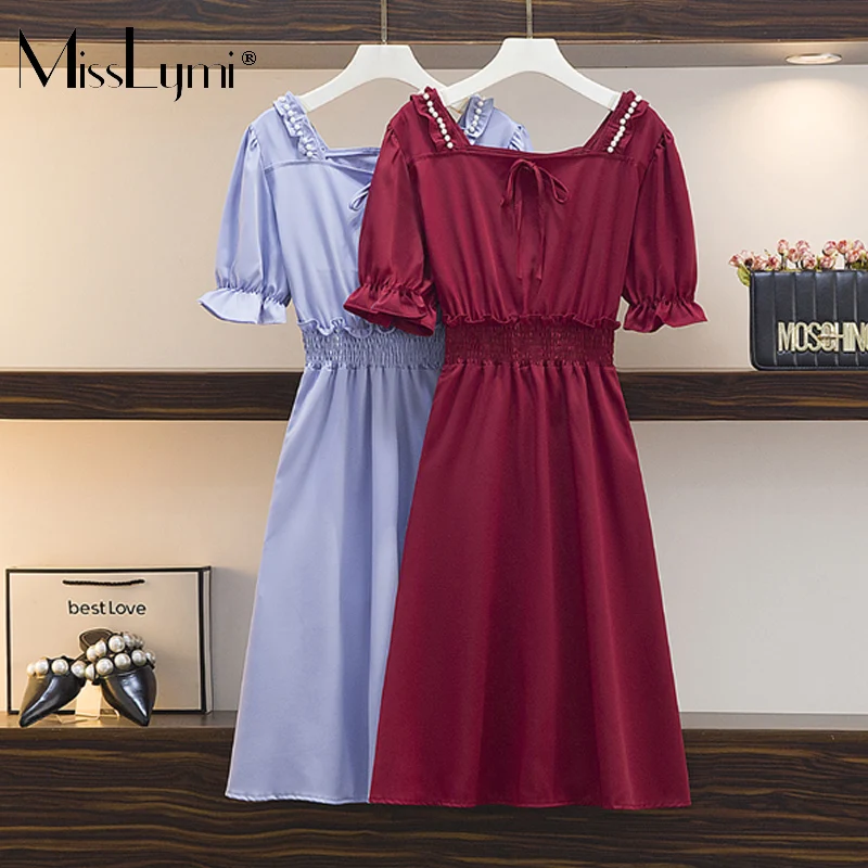 

L-4XL Plus Size Women Vintage Square Collar Beading Backless Dress Summer 2021 Short Sleeve Elastic High Waist A-line Midi Dress