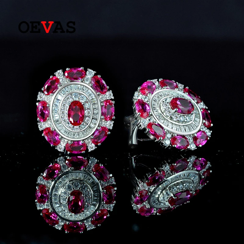 

OEVAS 100% 925 Sterling Silver 4*6mm Oval Ruby High Carbon Diamond Stud Earrings For Women Sparkling Wedding Party Fine Jewelry