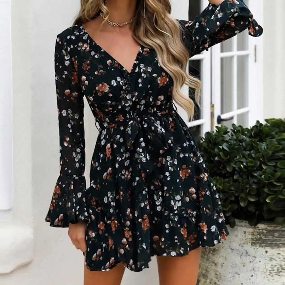 

Women Autumn Long Sleeve Sexy Mini Dresses Ladies Casual V-Neck Short Summer Dresses 2020