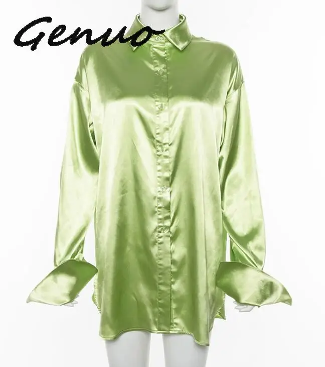 Новинка 2019 Зеленая атласная шелковая блузка genu свободные длинные рубашки