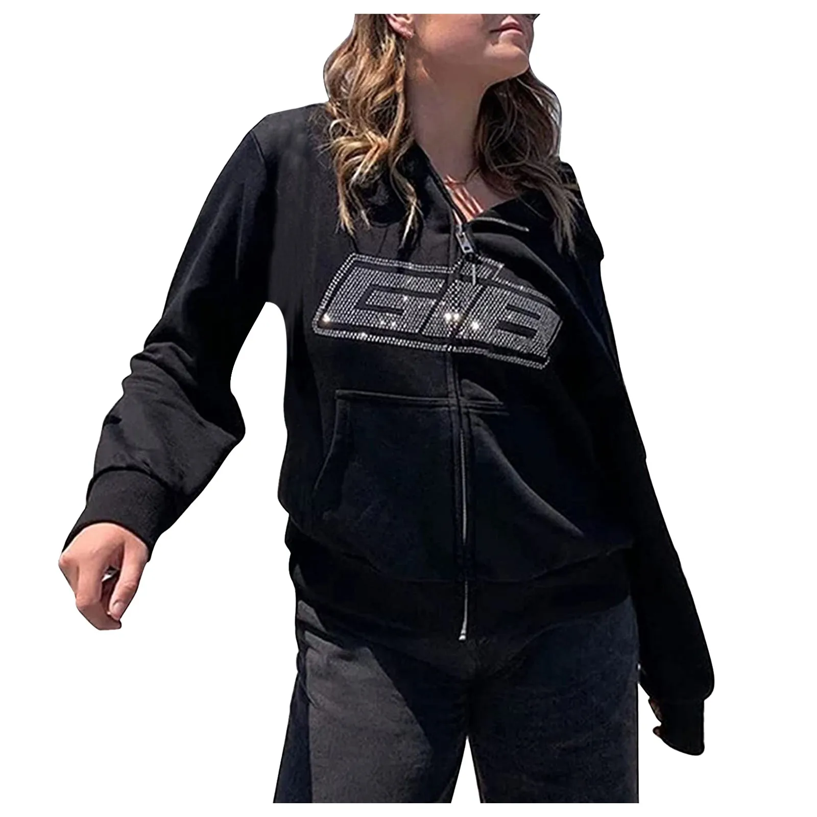 Korean Fashion Hoodies for Women 2021 Rhinestone Letter Print Long Sleeve Sweatshirt Hoodis Zipper Autumn Loose Women Sweetshirt
