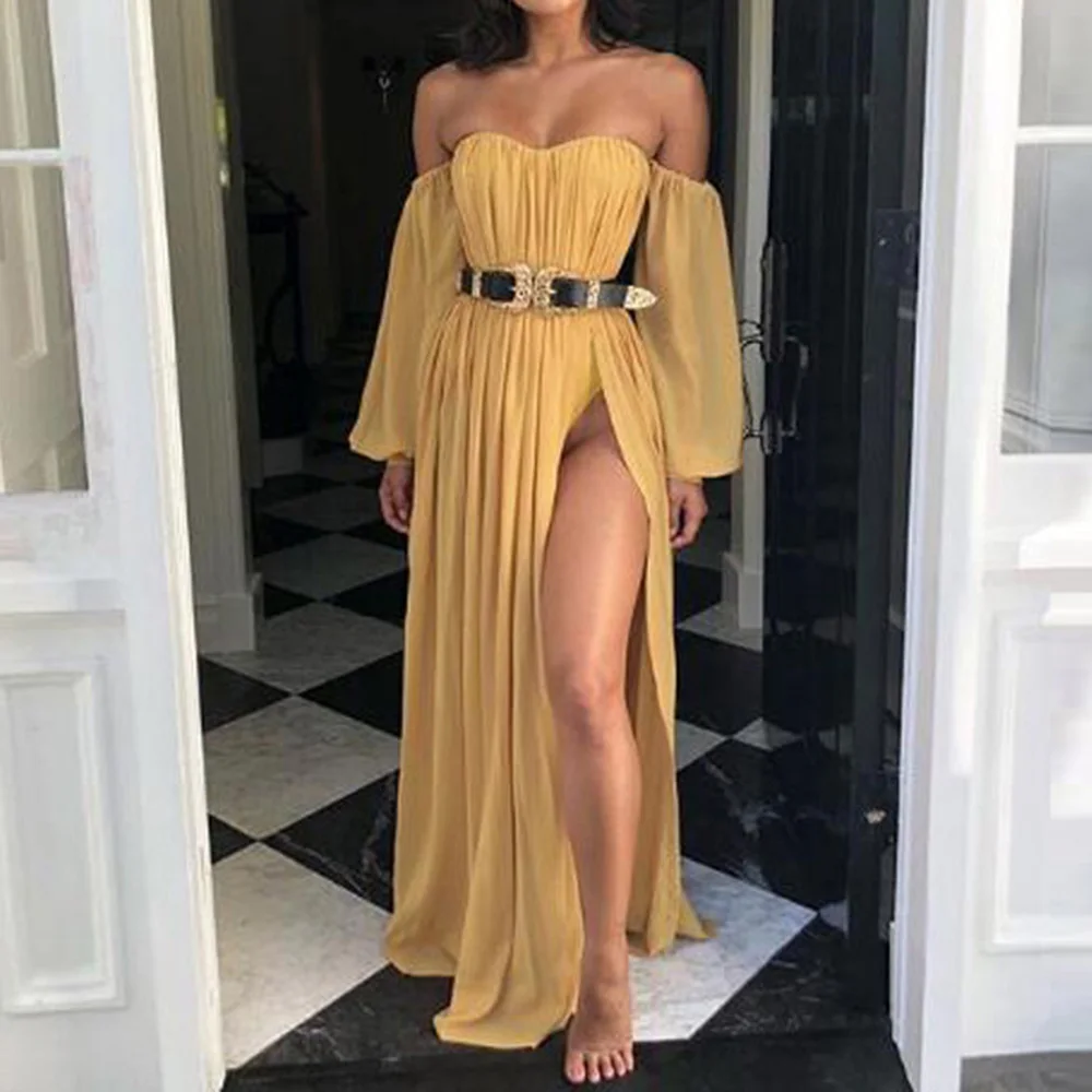 

Новинка 2020, сексуальное шифоновое длинное платье без бретелек, летнее плиссированное платье с длинным рукавом и высокой талией для женщин, ...