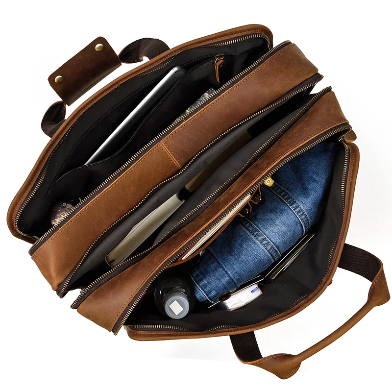 Luufan Men Cow Leather Briefcase Two Layer Large Capacity Crazy Horse Leather Business Bag For 16 inch Laptop Work Tote