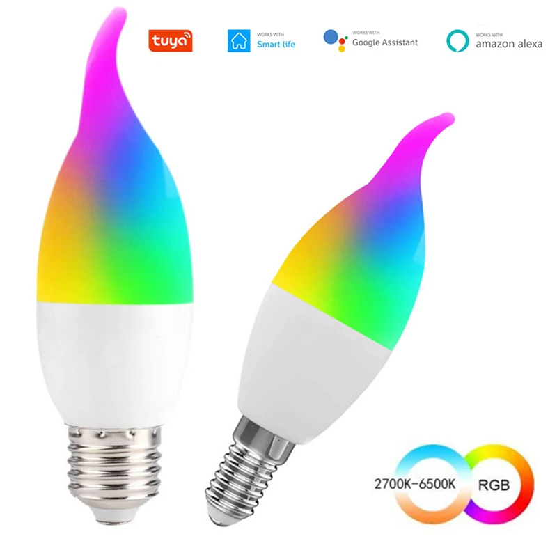 

Умная светодиодсветильник лампочка Tuya с Wi-Fi, приглушаемая LED лампа E14, RGB, CW, волшебная лампочка с голосовым управлением, работает с Alexa Google Home, ...