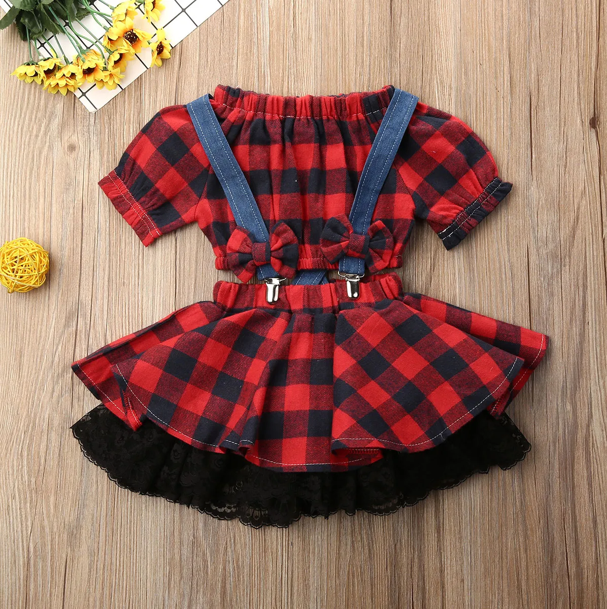 1-2Years Christmas Kids Baby Girl Plaids Vest Tops+Bib Lace Dress Princess Party Clothes | Детская одежда и обувь