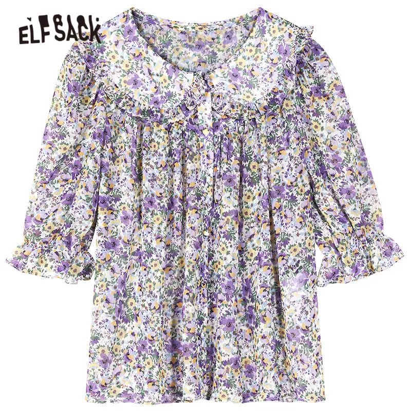 

ELFSACK Multicolor Disty Floral Casual Ruffle Blouse Women 2020 Summer ELF New Puff Sleeve Korean Girly Daily Chiffon Tops