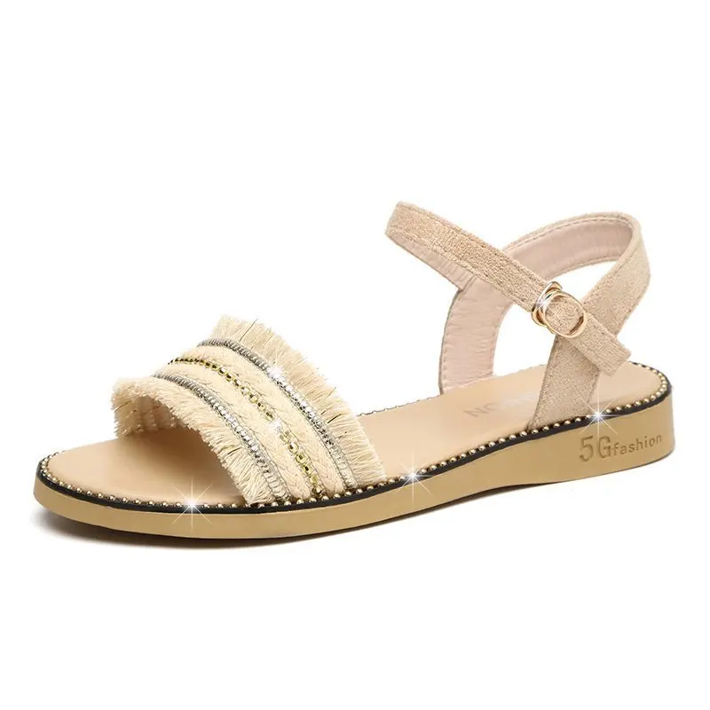 

Comfort Shoes for Women 2021 Sandals Buckle Strap Summer Heels All-Match New Flat Low Girls Multicolored Fashion Studded Casual