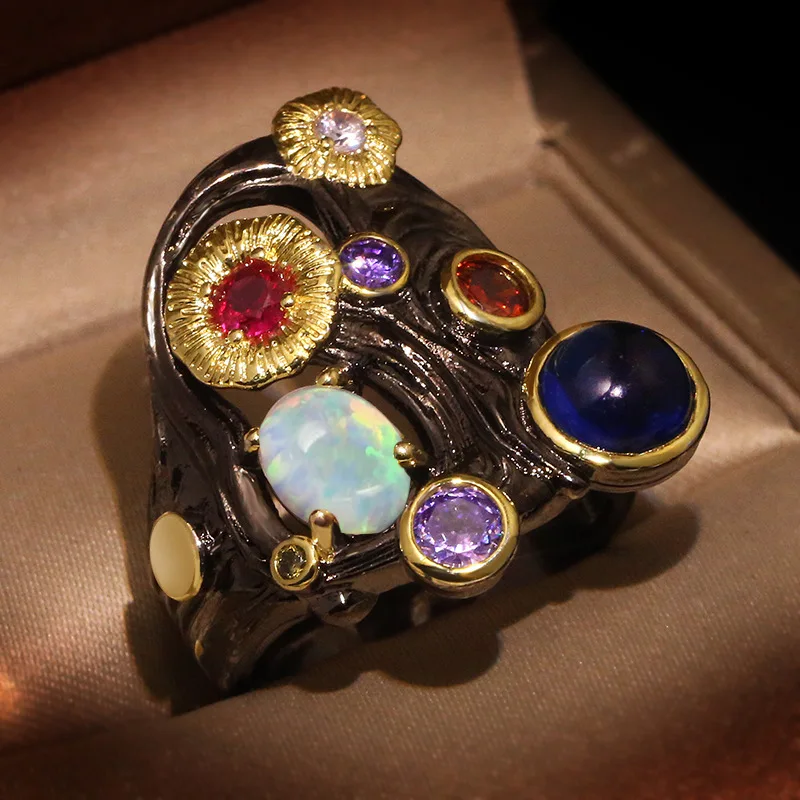 

CIZEVA Modern Creative Jewelry Vintage Natural Opal Colorful Zircon Black Gold Rings Women's Engagement Cocktail Party Rings