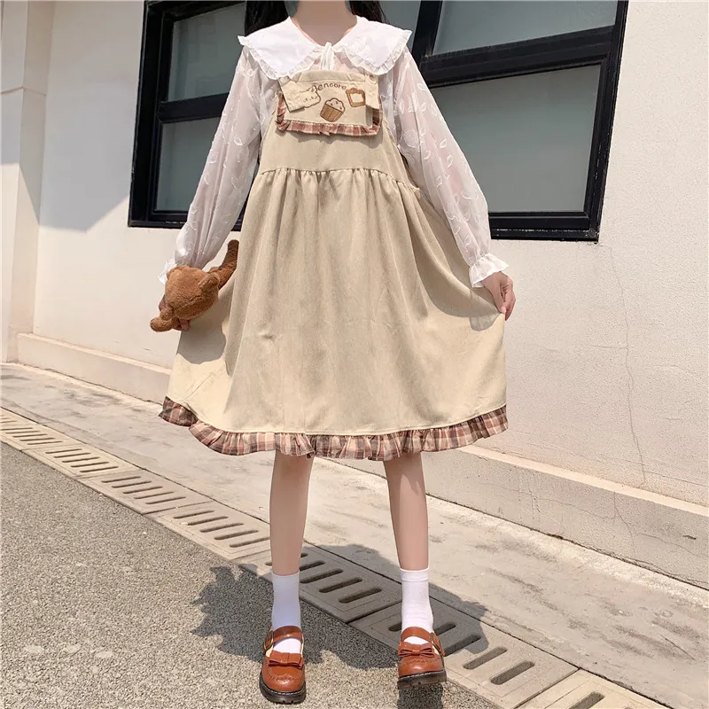 

Японское кавайное платье в стиле Лолиты, женское платье на бретельках, женское платье с вышивкой из мультфильма, клетчатое платье на бретел...