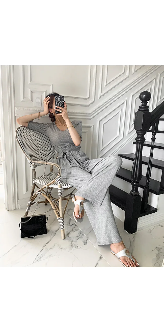 

GetSpring Women Sets Loose Leisure Pant Suit Temperament Short Sleeve T Shirt High Waist Lace Up Wide Leg Pants Two Piece Sets