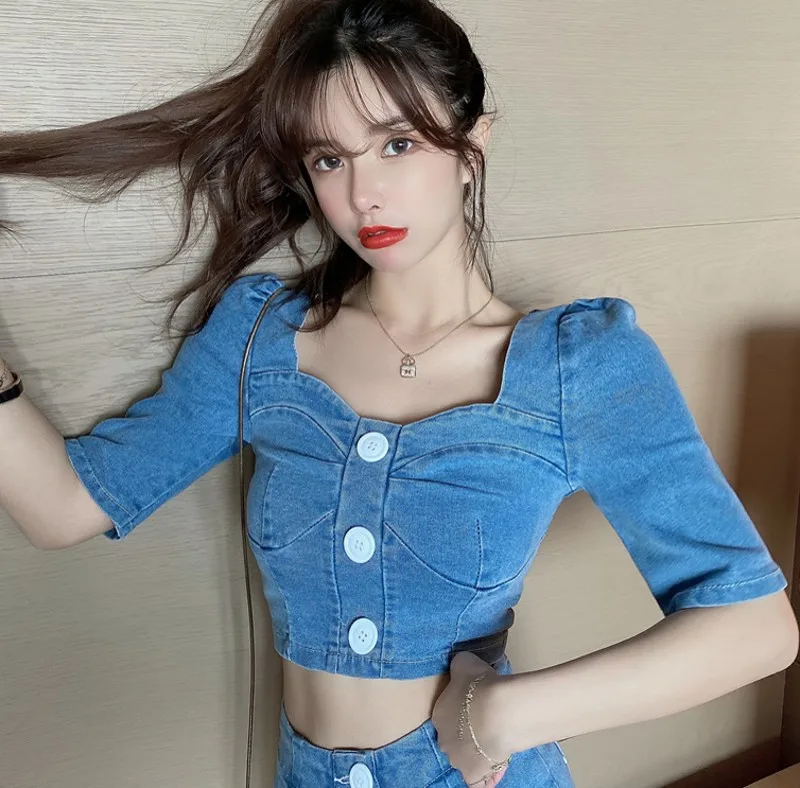 

2021 spring summer Casual women Vintage short Sleeve Square Collar Short Denim Tops+ Mini Skirt Two Piece Sets
