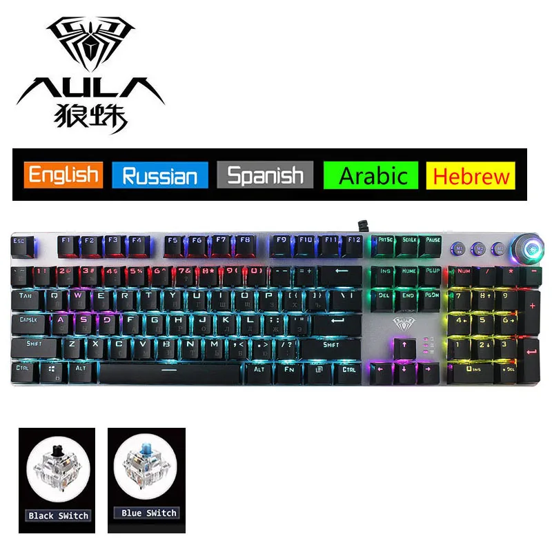 

AULA вращающийся макро механическая клавиатура с подсветкой 104 ключей Светодиодный компьютер игровая клавиатура светодиодный микс Арабский ...