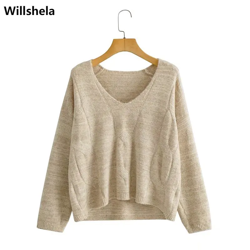 

Willshela Women Fashion Solid Knit Sweater Vintage Long sleeves V-Neck Knitwear Casual Knitted sweaters Pullover Woman Tops