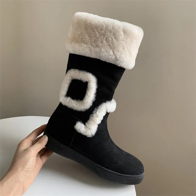 

Meotina Genuine Leather Snow Boots Women Real Wool Fur Mid Calf Boots Flat Platform Shoes Round Toe Ladies Boots Winter Apricot