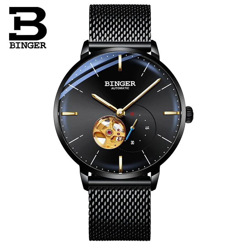Black Gold Switzerland BINGER 8 мм ультратонкие автоматические механические часы мужские брендовые Роскошные мужские часы сапфировые наручные часы мужские водонепроницаемые - Цвет: Black Gold