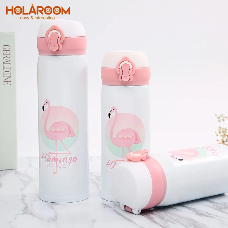 

Термоизоляционная бутылка для воды с милым рисунком Фламинго Holaroom, похлопывающая крышка, Вакуумная чашка, герметичные вакуумные колбы из н...