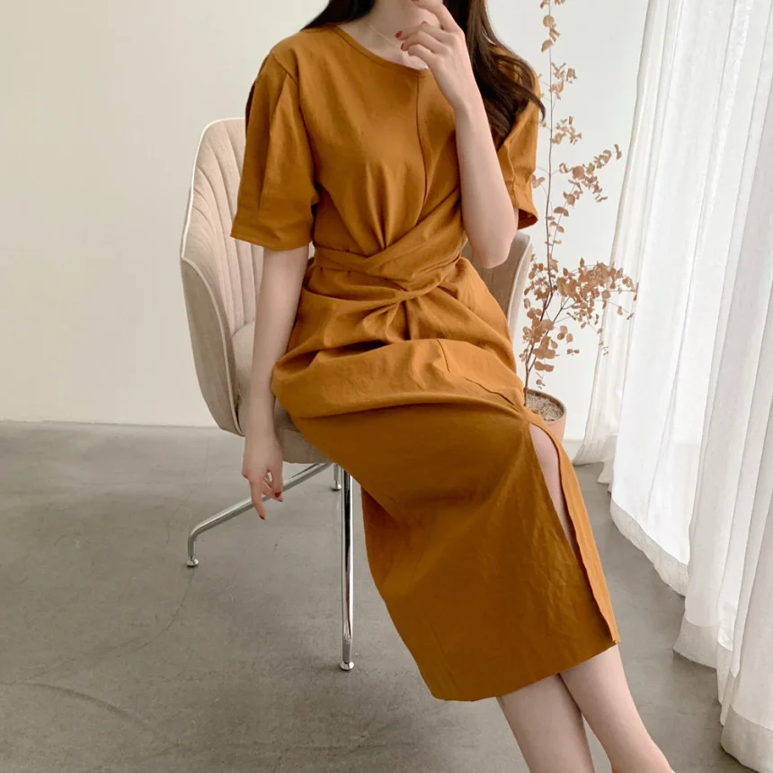 

Summer Women's Blue Bandage Dress Solid Color Casual Puff Sleeve Midi Dress 2021 Female Vestidos