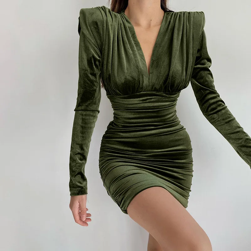 Осеннее бархатное платье с V-образным вырезом модное облегающее женское замшевое