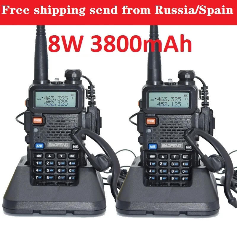 2pcs 5W/8W radio baofeng uv-5r 3800mAh battery walkie talkie for two way radio VHF UHF dual band portable cb radio comunicador