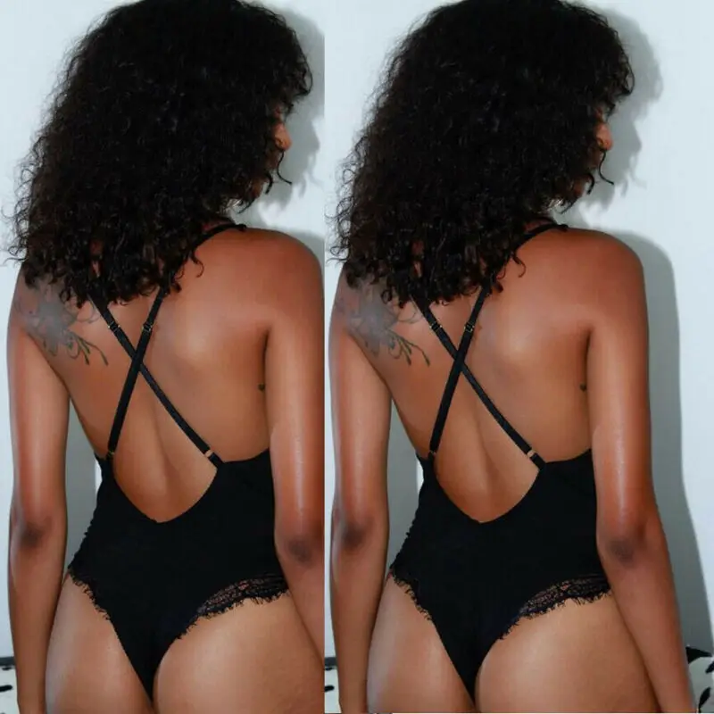 Сексуальное Женское боди черный женский кружевной Облегающий комбинезон без