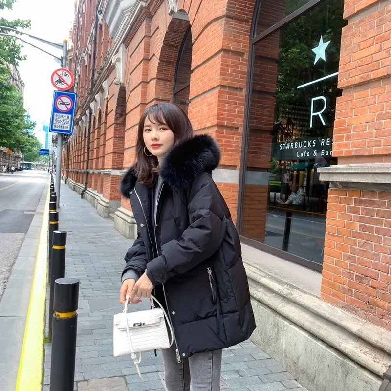 2021 New Style Down Padded Mid-length Winter Korean Big Fur Collar Small Jacket Women's Pajamas Coats