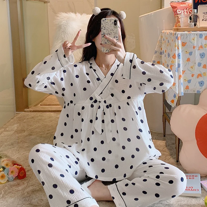 

Dot Printed Gauze Cotton Maternity Nursing Sleepwear Sets Thin Light Loose Feeding Pajamas Suits for Pregnancy Home Nightwear