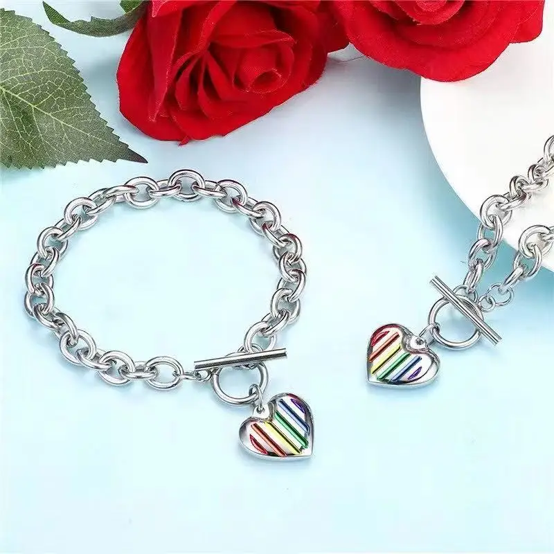 

Original copyright titanium steel jewelry manufacturer small six color rainbow peach heart Stainless Steel Necklace Bracelet Set