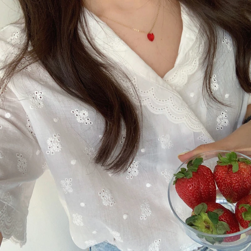 

Womens Tops And Shirts Solid White Cotton Office Lace Hollow Out Shirt Blouse 2021 Summer Short Sleeve Women Top Clothes T14518x