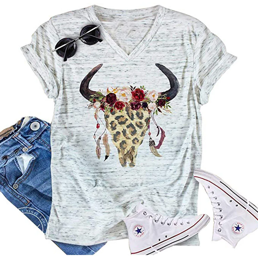 Aring Leopard корова Череп графические футболки для женщин короткий рукав ковбойские