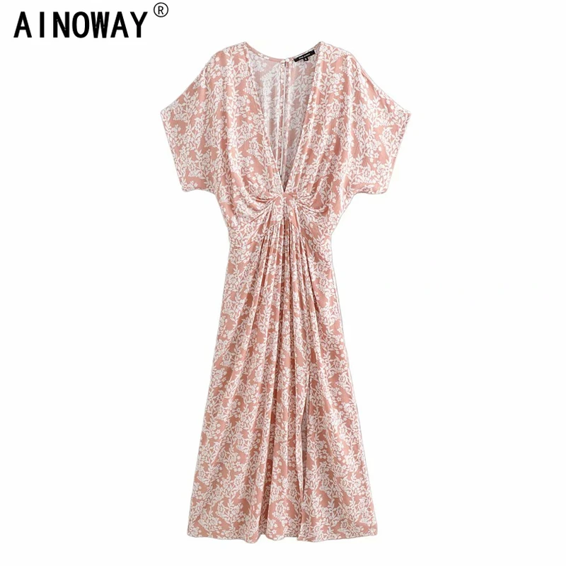 Винтажное шикарное женское розовое пляжное платье с цветочным принтом богемное