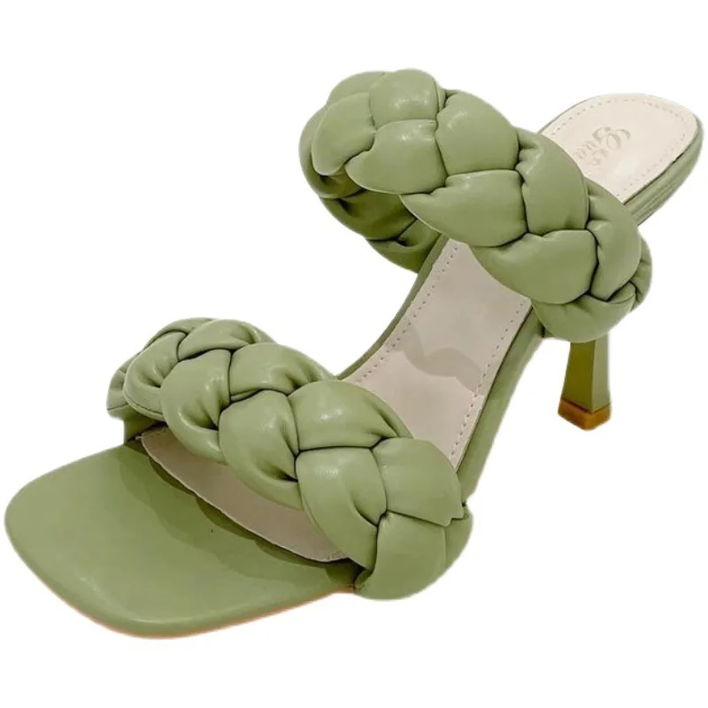 

Square heel Shoes Woman 2021 Slippers Heels Pantofle Luxury Slides Block High New Summer Designer PU Pumps Scandals Rome Fabric