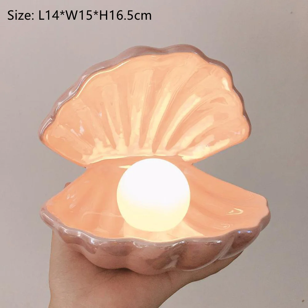 

INS Japanese Style Ceramic Shell Pearl Night Light Streamer Mermaid Fairy Shell Night Lamp For Bedside Home Decoration Xmas Gift
