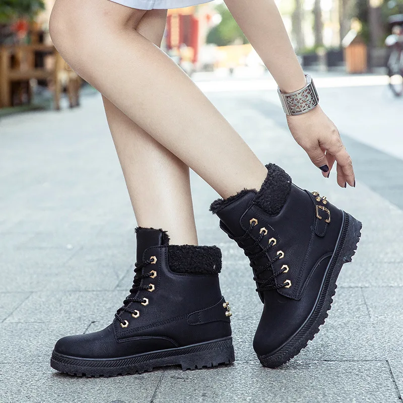 

Зимние ботинки, женская обувь, новинка 2021, однотонные женские ботильоны на шнуровке, теплая плюшевая обувь, женская обувь, сапоги для женщин
