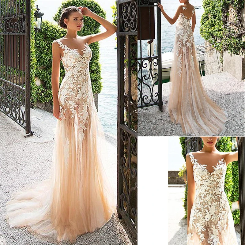 

Sexy V Neck Beach Champagne Tulle Wedding Dress Lace Appliques Bride Gown Vestidos De Noiva Свадебное Платье 2021 Robe Mariage