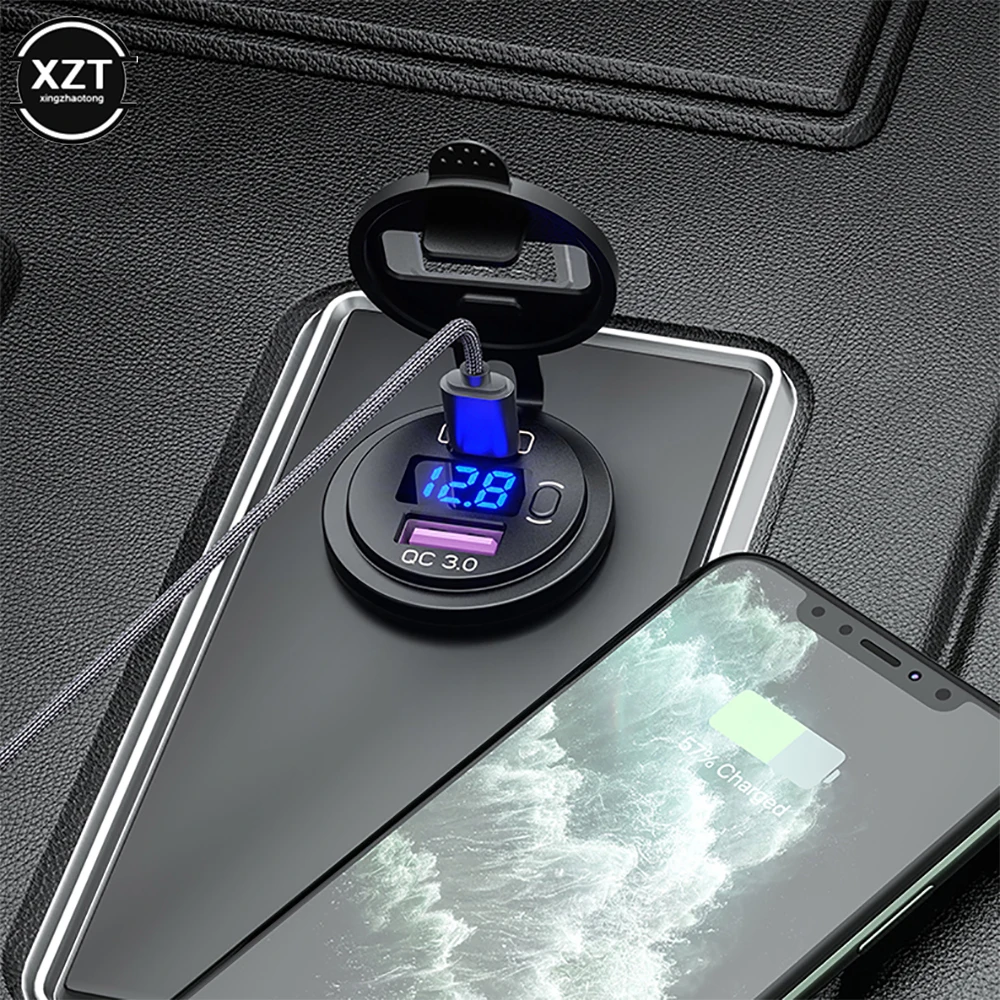 

USB Charger PD Quick Charge 3.0 Chargers Socket Adapter Dual USB Charger With LED Voltmeter For 12-24V Car Motorcycles