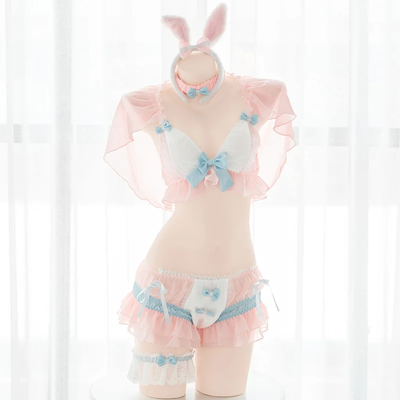 

Bunny Underwear Set Cute Sweet Dessert Pink Bra Set Lace Bowknot V-neck Neck Ring Sexy Leg Loop Private Pajamas