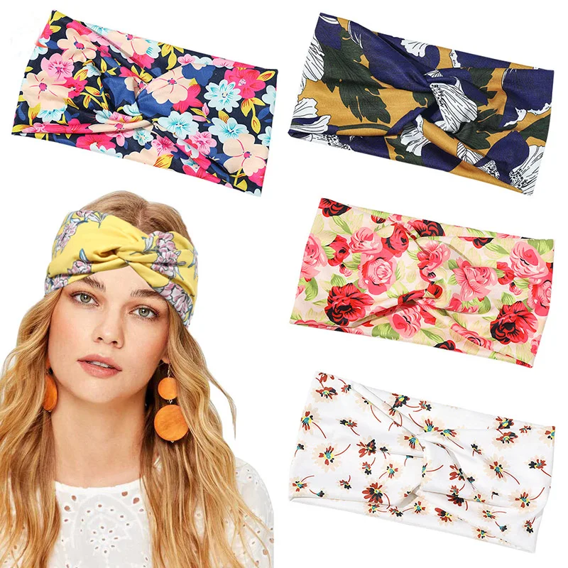 

2020 Women Headband Cross Top Knot Elastic Hair Bands Floral Print Girls Hairband Hair Accessories Twisted Knotted Headwrap