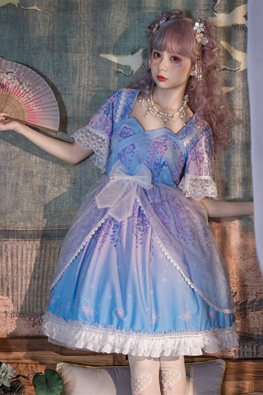 

Lolita Recipients Short Sleeve Splicing Bow Mesh Gradient Colored Women's Dresses sweet lolita renaissance lolita cosplay