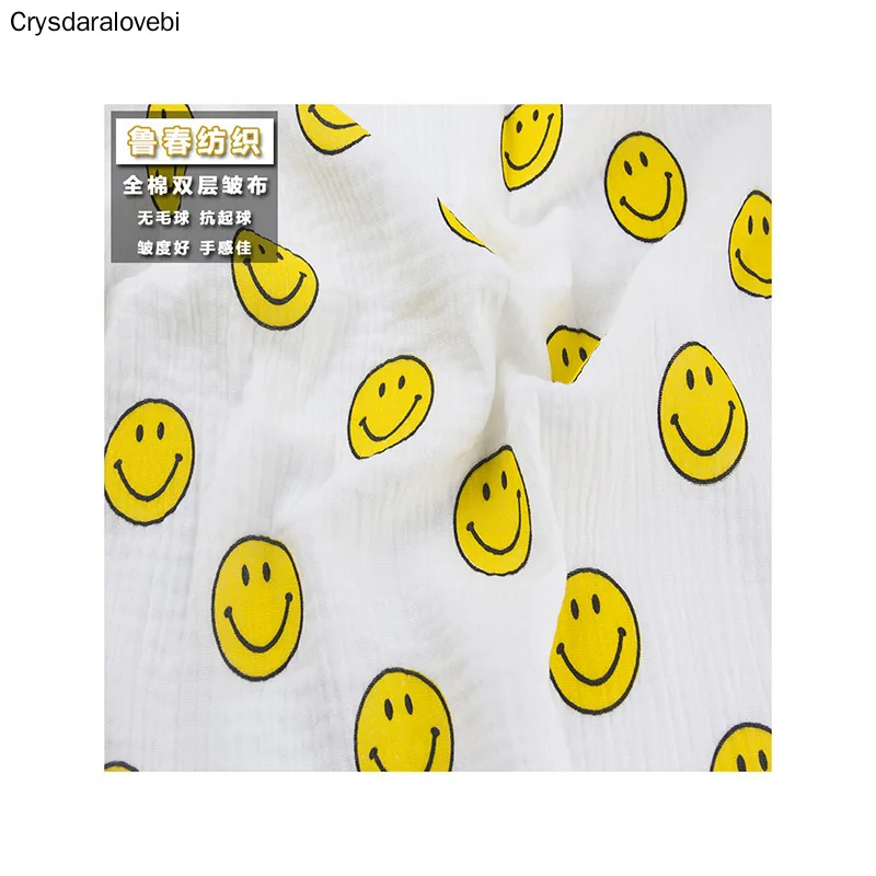 

200*135cm Fabric Drape Cotton and Linen Double Gauze Crepe Baby Clothes Fabric Ladies Skirt Sleepwear Fabrics Smiley Face