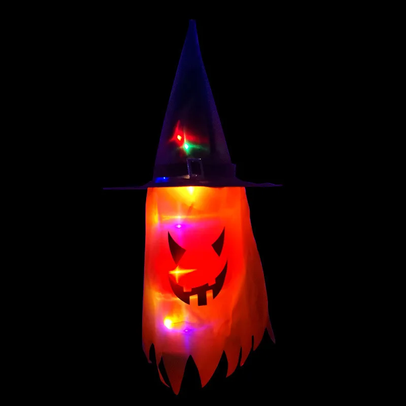 

2021 new halloween decor haunted house decor props hat ghost pendant colored luminous light string witch hat skirt witch hat