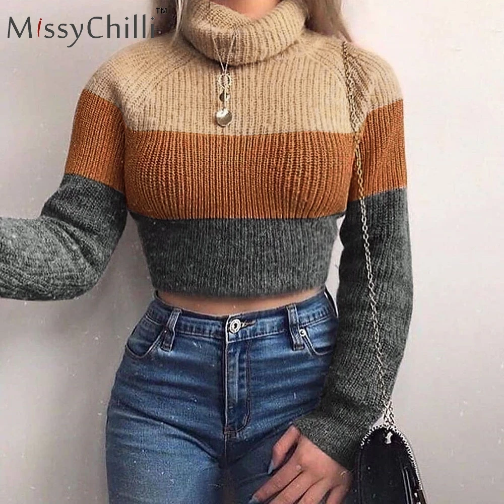 MissyChilli вязаный пуловер с высоким воротником в полоску с длинным рукавом и высоким воротником, женский свитер на осень и зиму, модный свитер в уличном стиле